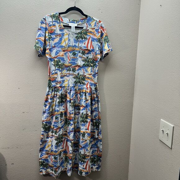 Talbots SZ P Small Beach Dress 100% Cotton Americana Sailboats Vacation Midi 80s - Picture 1 of 8